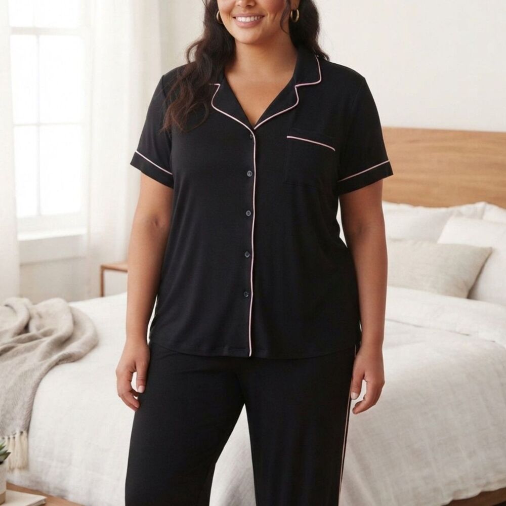 Joyspun Womens Plus Size 3X 22W-24W Black Notch Collar PJ Set NWT
